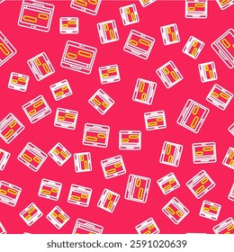 Line New chat messages notification on laptop icon isolated seamless pattern on red background. Smartphone chatting sms messages speech bubbles.  Vector
