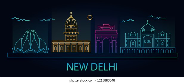 Line New Delhi city night background, India. Cityscape in linear style in neon lights, vector illustration