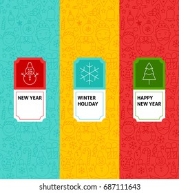 Line New Year Patterns Set. Vector Illustration of Logo Design. Template for Packaging with Labels.