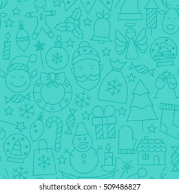 Line New Year Tile Blue Pattern. Vector Winter Seamless Background in Outline Style. Merry Christmas.
