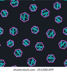 Linha NFT Ícone de cripto-arte digital isolado padrão contínuo no fundo preto. Token não fungível.  Vetor