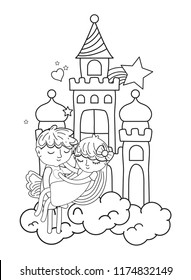 line nice boy carrying girl in the castle
