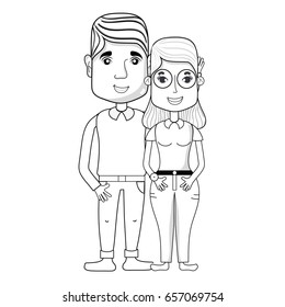 line nice couple with hairstyle and casual clothes
