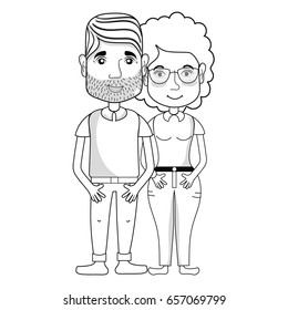 line nice couple with hairstyle and casual clothes