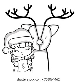 line nice girl with christmas clothes and reindeer