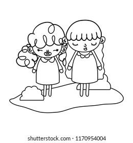 line nice girls children with bushes in the landscape