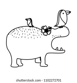 line nice hippopotamus and toucans wild animals