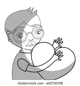 line nice man with glasses and heart in the hands