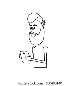 line nice man with hairstyle and smartphone in the hand