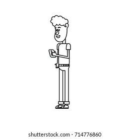 line nice man with hairstyle and smartphone in the hand