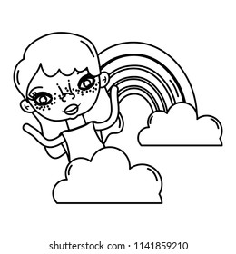 line nice woman with rainbow and fluffy clouds