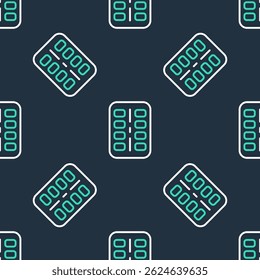 Line Nicotine gum in blister pack icon isolated seamless pattern on black background. Helps calm cravings and reduces anxiety caused by quitting smoking.  Vector