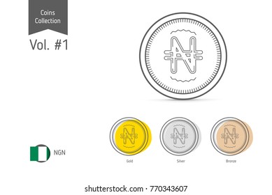 Line Nigerian Naira coin vector. Isolated on white background. Simple thin line coin icons for websites, web design, mobile app, infographics.