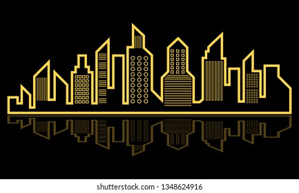 Line night city skyline with buildings, towers, vector illustration. Cityscape in linear style in neon lights, vector illustration