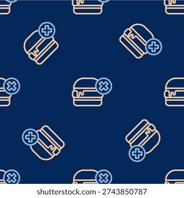 Line No burger icon isolated seamless pattern on blue background. Hamburger icon. Cheeseburger sandwich sign. Fast food menu.  Vector