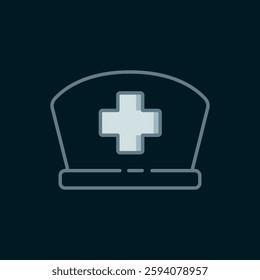 Line Nurse hat with cross icon isolated on black background. Medical nurse cap sign. Flat filled outline style with shadow. Vector