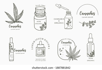 Line-Objektsammlung mit Hand, Cannabis, Flasche, Dropper, Stern, Form