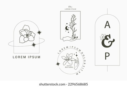 Line object collection with hand,magnolia,rose,lavender flower