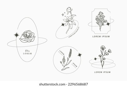 Line object collection with hand,magnolia,rose,lavender flower
