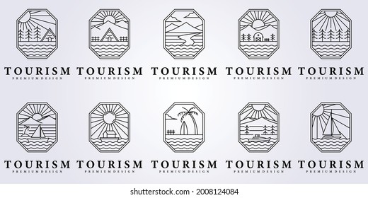 line ocean nautical adventure logo vector icon illustration symbol design surfing vacation creek lake river forest mountain