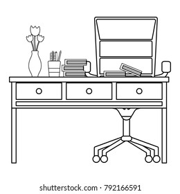 line office wood desk with books and chairs