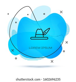 Line Oktoberfest hat icon isolated on white background. Hunter hat with feather. German hat. Abstract banner with liquid shapes. Vector Illustration