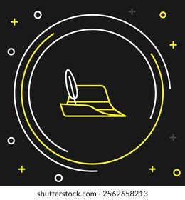 Line Oktoberfest hat icon isolated on black background. Hunter hat with feather. German hat. Colorful outline concept. Vector