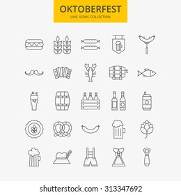 Line Oktoberfest Icons Big Set. Vector Set of 25 October Fest Holiday Seasonal Modern Thin Line Icons for Web and Mobile. Alcohol Beer Icons