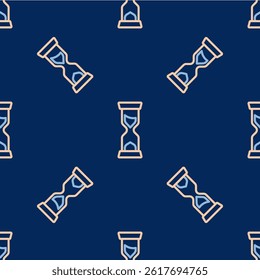 Line Old hourglass with flowing sand icon isolated seamless pattern on blue background. Sand clock sign. Business and time management concept.  Vector