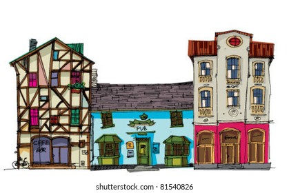 Line of old house with showcasea at the ground floor.Cartoon. Caricature. Pub and cafe.