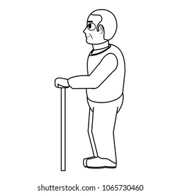 line old man on side with glasses and walking stick