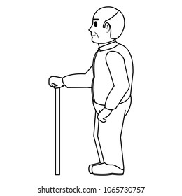 line old man on side with clothes and walking stick
