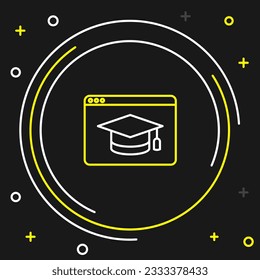 Line Online education and graduation icon isolated on black background. Online teacher on monitor. Webinar and video seminar learning. Colorful outline concept. Vector