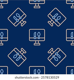 Line Online ordering and fast food delivery icon isolated seamless pattern on blue background.  Vector