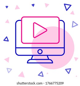 Line Online play video icon isolated on white background. Computer monitor and film strip with play sign. Colorful outline concept. Vector Illustration