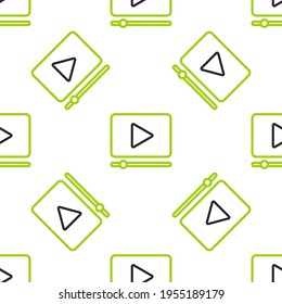 Line Online play video icon isolated seamless pattern on white background. Film strip with play sign.  Vector Illustration