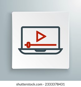 Line Online play video icon isolated on white background. Laptop and film strip with play sign. Colorful outline concept. Vector