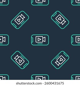 Line Online play video icon isolated seamless pattern on black background. Smartphone and film strip with play sign.  Vector