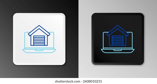 Line Online real estate house on laptop icon isolated on grey background. Home loan concept, rent, buy, buying a property. Colorful outline concept. Vector