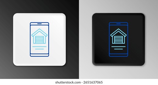 Line Online real estate house on smartphone icon isolated on grey background. Home loan concept, rent, buy, buying a property. Colorful outline concept. Vector