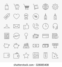 Line Online Shopping and Commerce Icons Big Set. Vector Set of 36 E-commerce and Marketing Modern Thin Line Icons for Web and Mobile