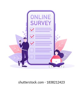 Line online survey people, great design for any purposes. Smartphone with people making survey. Technology concept.