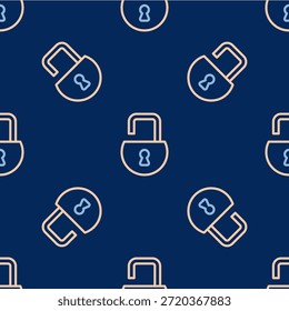 Linha Abrir ícone de cadeado padrão isolado sem costura no fundo azul. Sinal de bloqueio aberto. Cibersegurança. Proteção de dados digitais.  Vetor