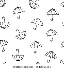 Line opened umbrella vector seamless pattern with black line objects on white background.