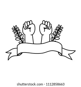 line opposition hands protest with branches leaves and ribbon