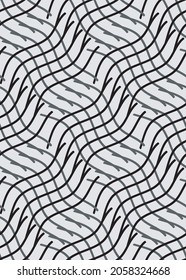 Line, optical illusion seamless pattern. Abstract diagonal check, geometric grid illustration in grey, black colors. White easy editable color background. Vector