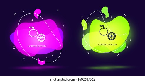 Line Orange fruit icon isolated on black background. Abstract banner with liquid shapes. Vector Illustration