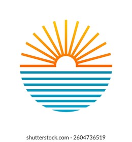Line orange sun with blue sea circle icon vector design