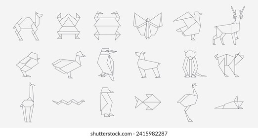 Line origami animals. Geometric folded Japanese traditional papercraft animals, simple outline sketch folded zoo. Vector collection. Wildlife animals asian craft, creative hobby isolated set