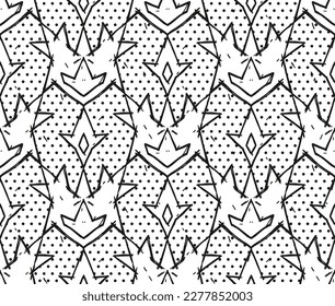 Linienverzierungen mit abstrakten geometrischen Formen in Schwarz-Weiß-Farben auf Polka-Punkt-Hintergrund. Vektor-flaches, nahtloses Muster
